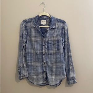 Blue Faded Plaid Button Up Top